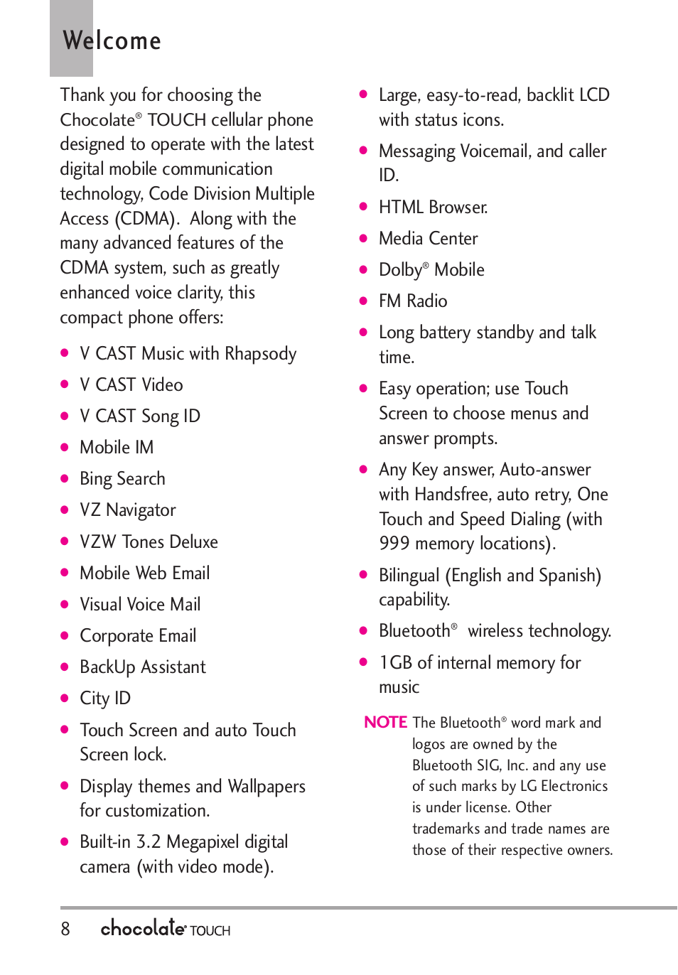 Welcome, V cast music with rhapsody, V cast video | V cast song id, Mobile im, Bing search, Vz navigator, Vzw tones deluxe, Mobile web email, Visual voice mail | LG LGVX8575 User Manual | Page 10 / 160