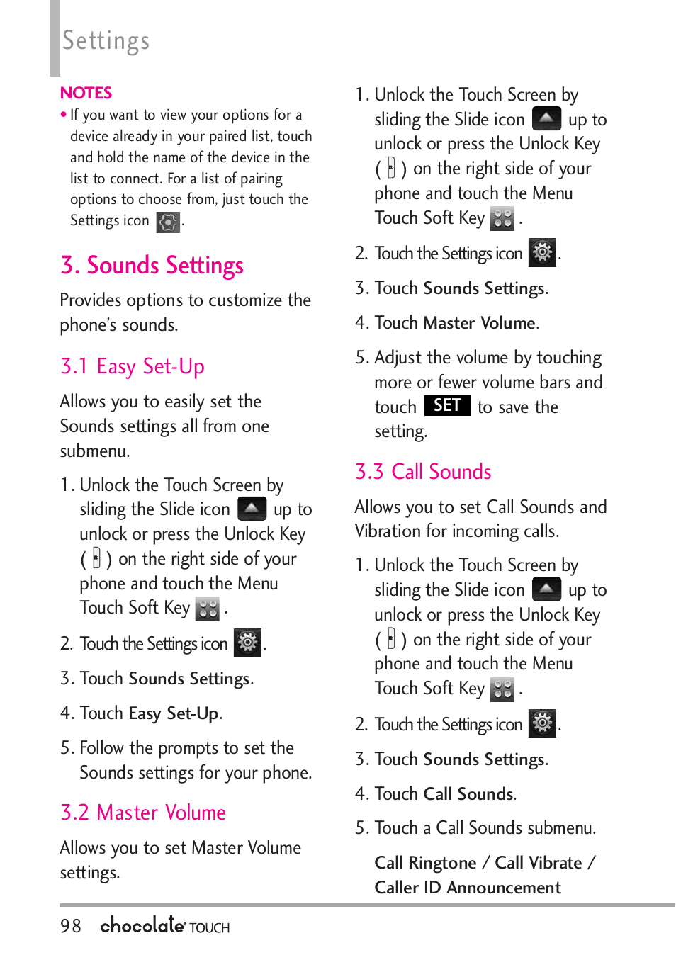 Usb mass storage, Settings, Sounds settings | 1 easy set-up, 2 master volume, 3 call sounds | LG LGVX8575 User Manual | Page 100 / 160