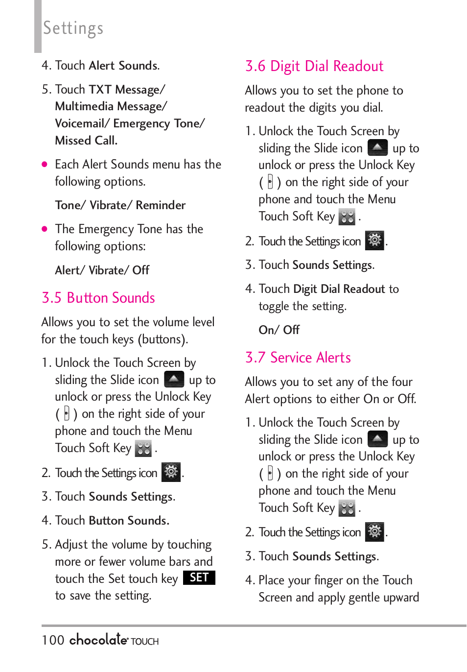 Settings, 5 button sounds, 6 digit dial readout | 7 service alerts | LG LGVX8575 User Manual | Page 102 / 160