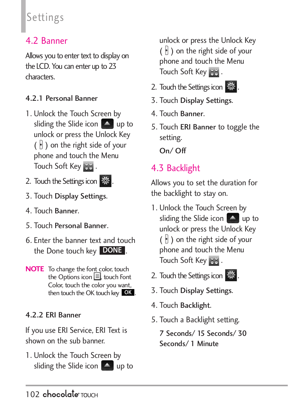 Settings, 2 banner, 3 backlight | LG LGVX8575 User Manual | Page 104 / 160