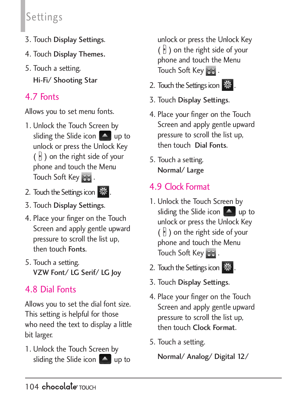 Settings, 7 fonts, 8 dial fonts | 9 clock format | LG LGVX8575 User Manual | Page 106 / 160