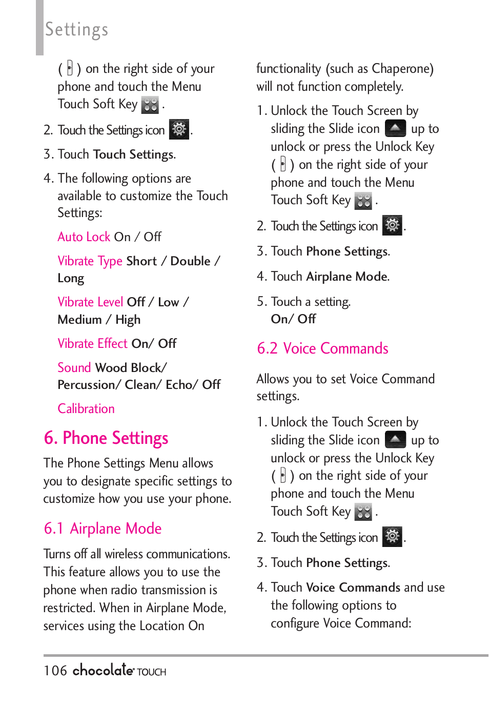 1 easy set-up, 2 banner, Settings | Phone settings, 1 airplane mode, 2 voice commands | LG LGVX8575 User Manual | Page 108 / 160