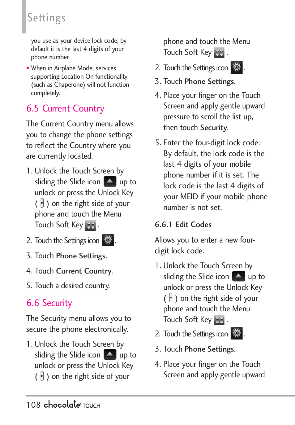 5 charging screen, 6 display themes, 7 fonts | 8 dial fonts, Settings, 5 current country, 6 security | LG LGVX8575 User Manual | Page 110 / 160