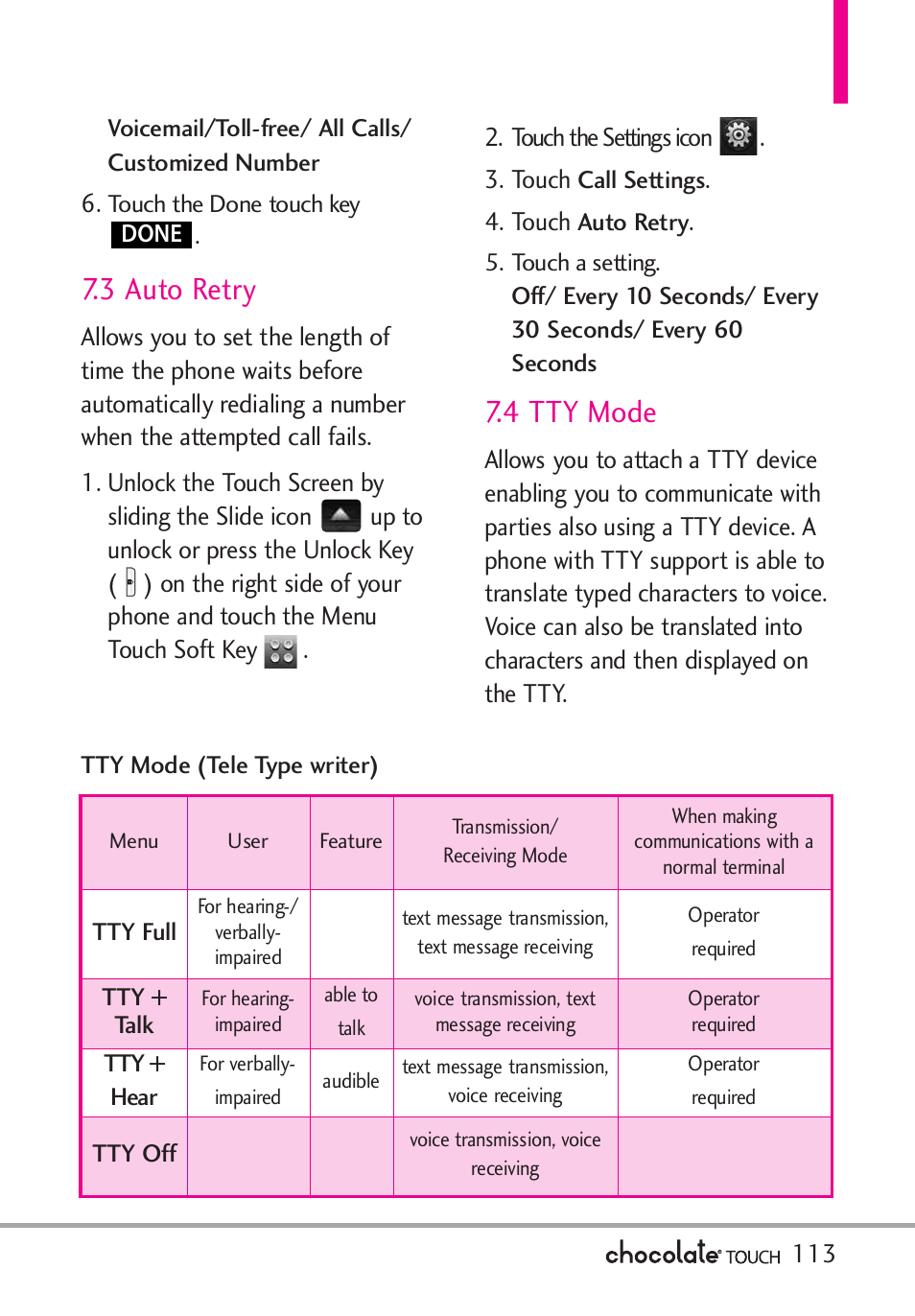 3 auto retry, 4 tty mode | LG LGVX8575 User Manual | Page 115 / 160