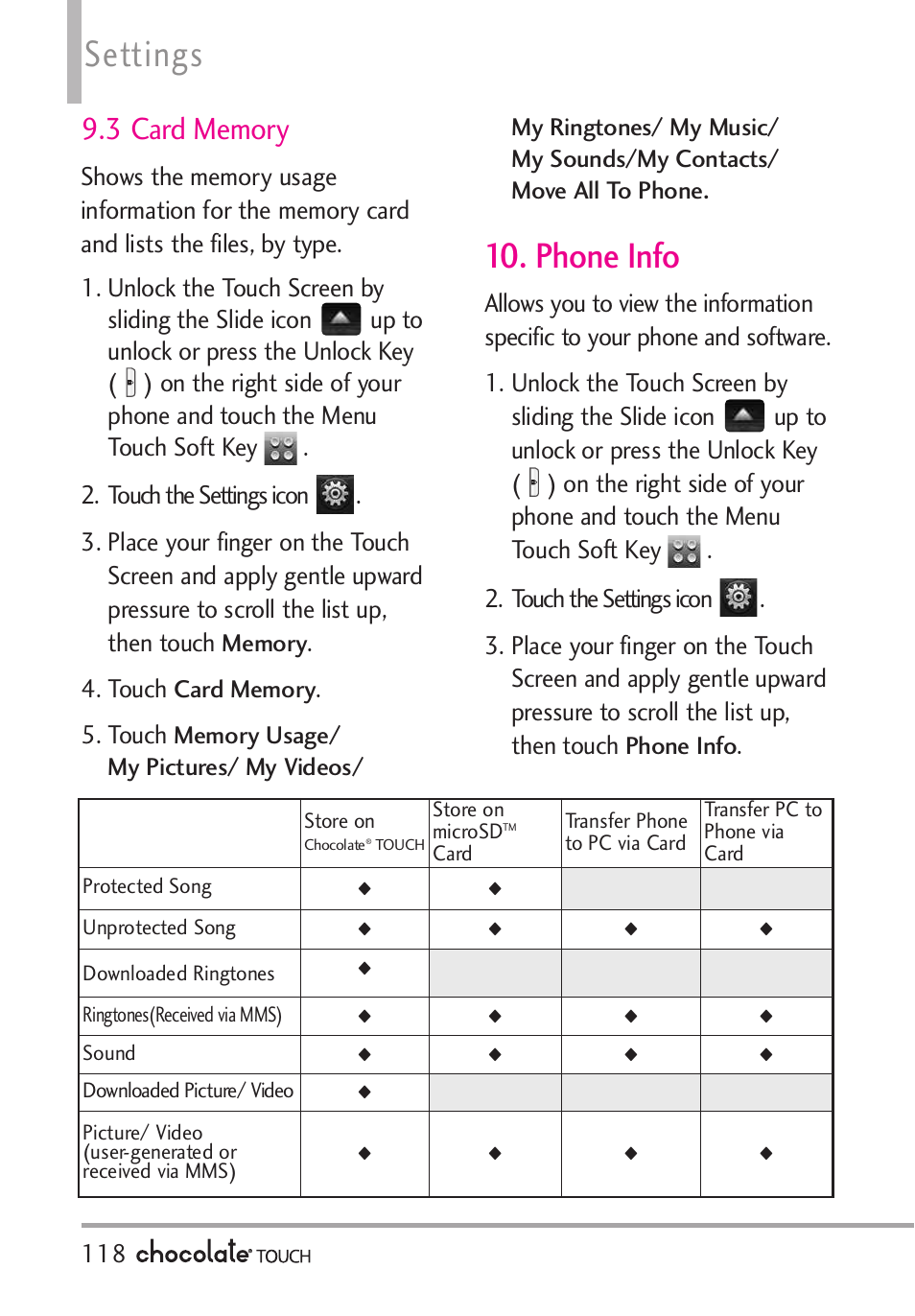 5 one touch dial, Settings, Phone info | Touch | LG LGVX8575 User Manual | Page 120 / 160