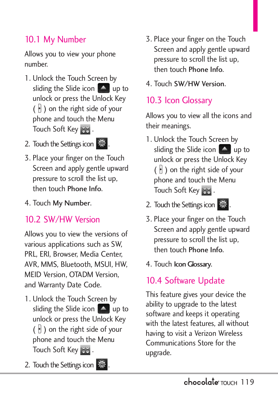 6 voice privacy, 7 dtmf tones, 8 assisted dialing | 1 my number, 2 sw/hw version, 3 icon glossary, 4 software update | LG LGVX8575 User Manual | Page 121 / 160