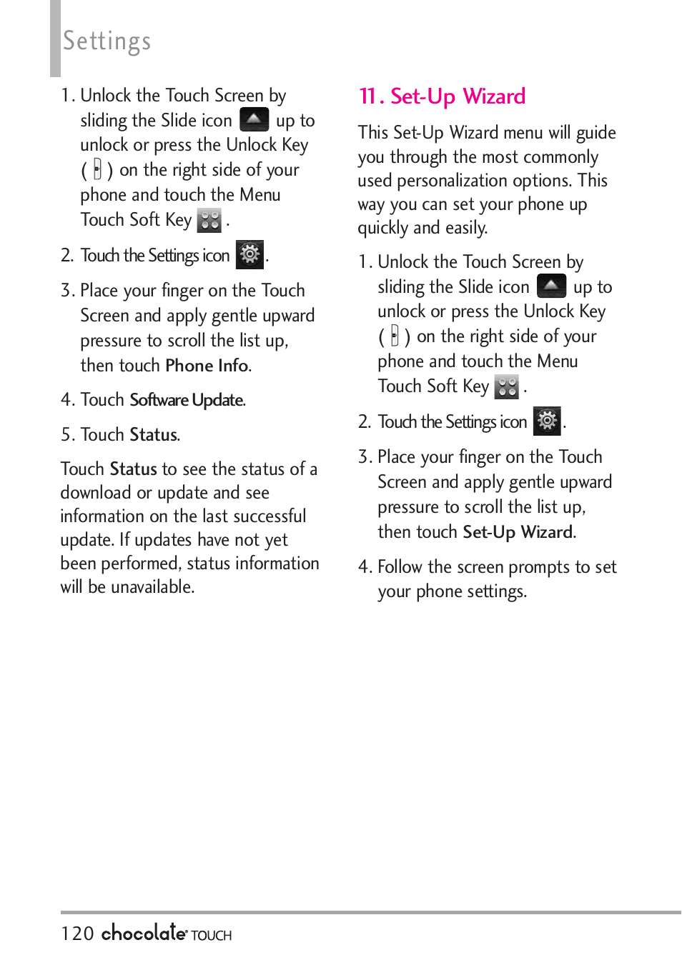 Safety, Antenna care phone operation, Settings | Set-up wizard | LG LGVX8575 User Manual | Page 122 / 160