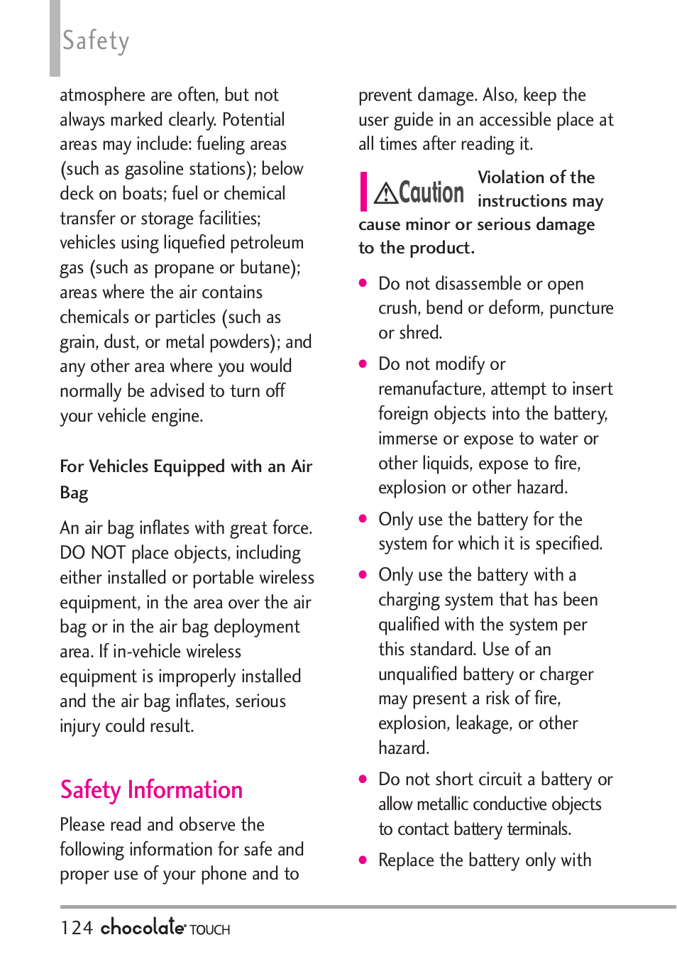 Set-up wizard, Charger and adapter safety, Battery information and care | Caution, Safety, Safety information | LG LGVX8575 User Manual | Page 126 / 160