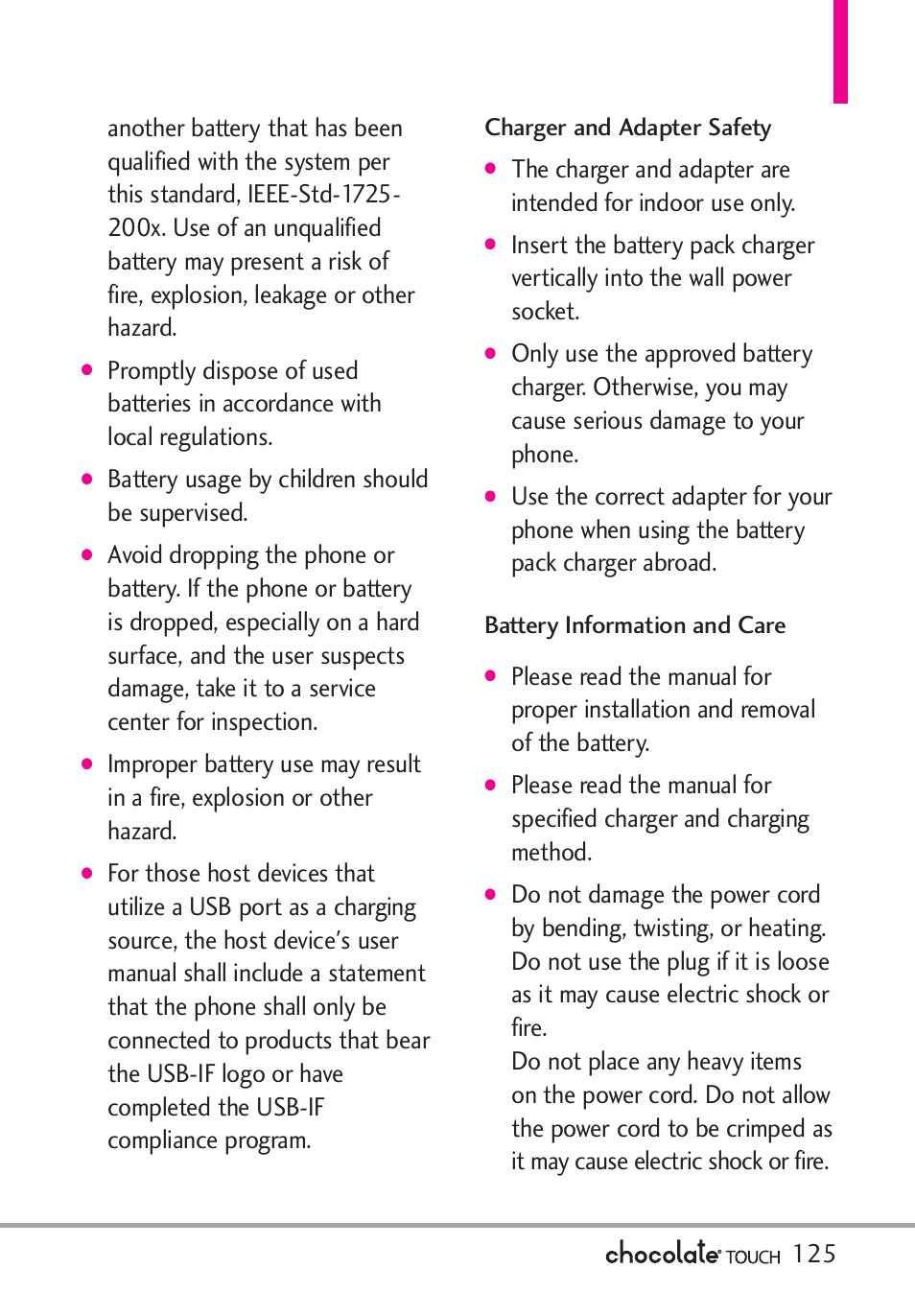 Battery usage by children should be supervised | LG LGVX8575 User Manual | Page 127 / 160