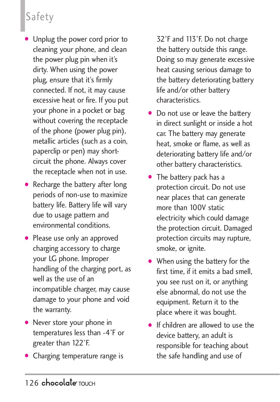 Explosion, shock, and fire hazards, Safety | LG LGVX8575 User Manual | Page 128 / 160