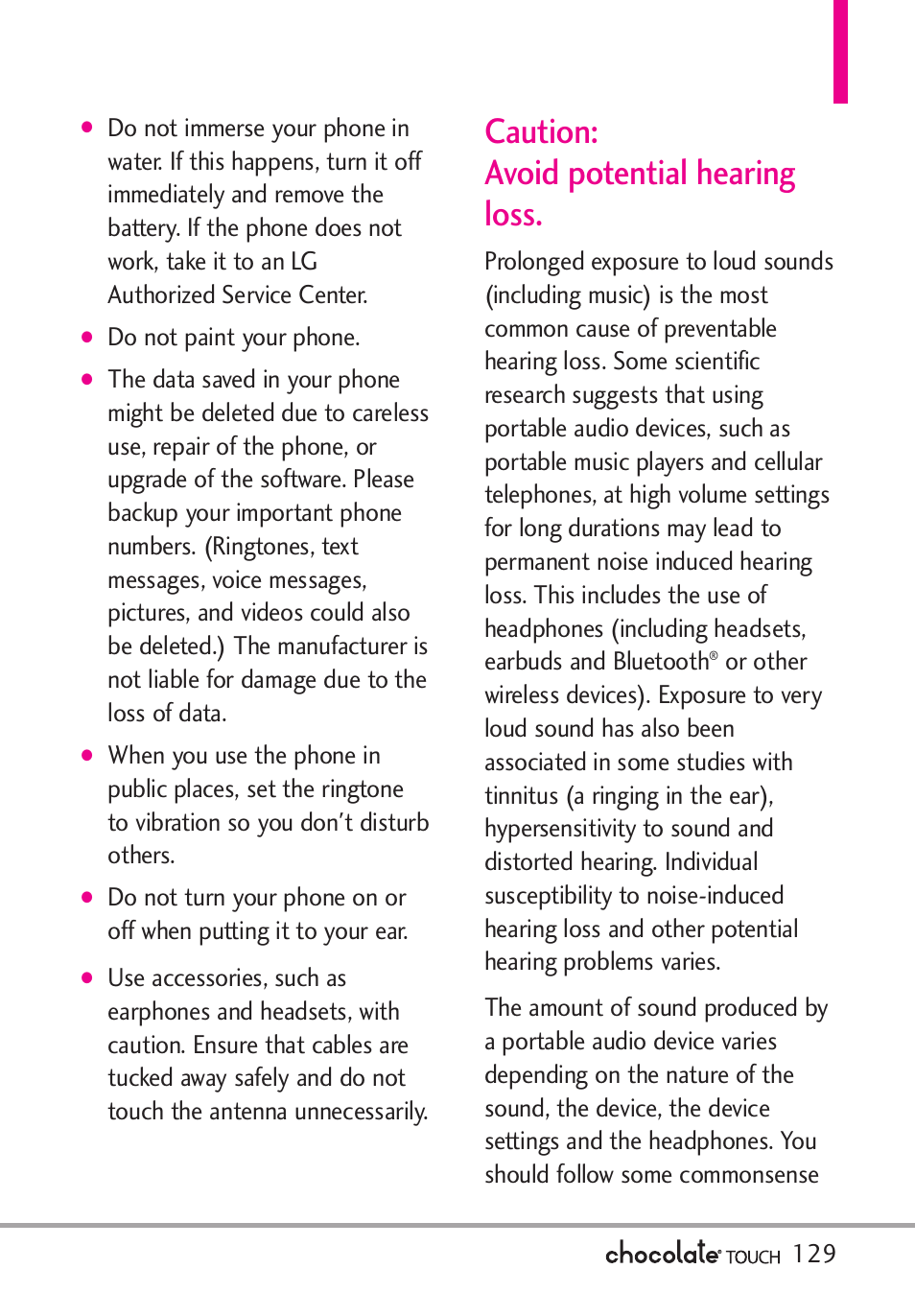 Caution: avoid potential hearing loss | LG LGVX8575 User Manual | Page 131 / 160