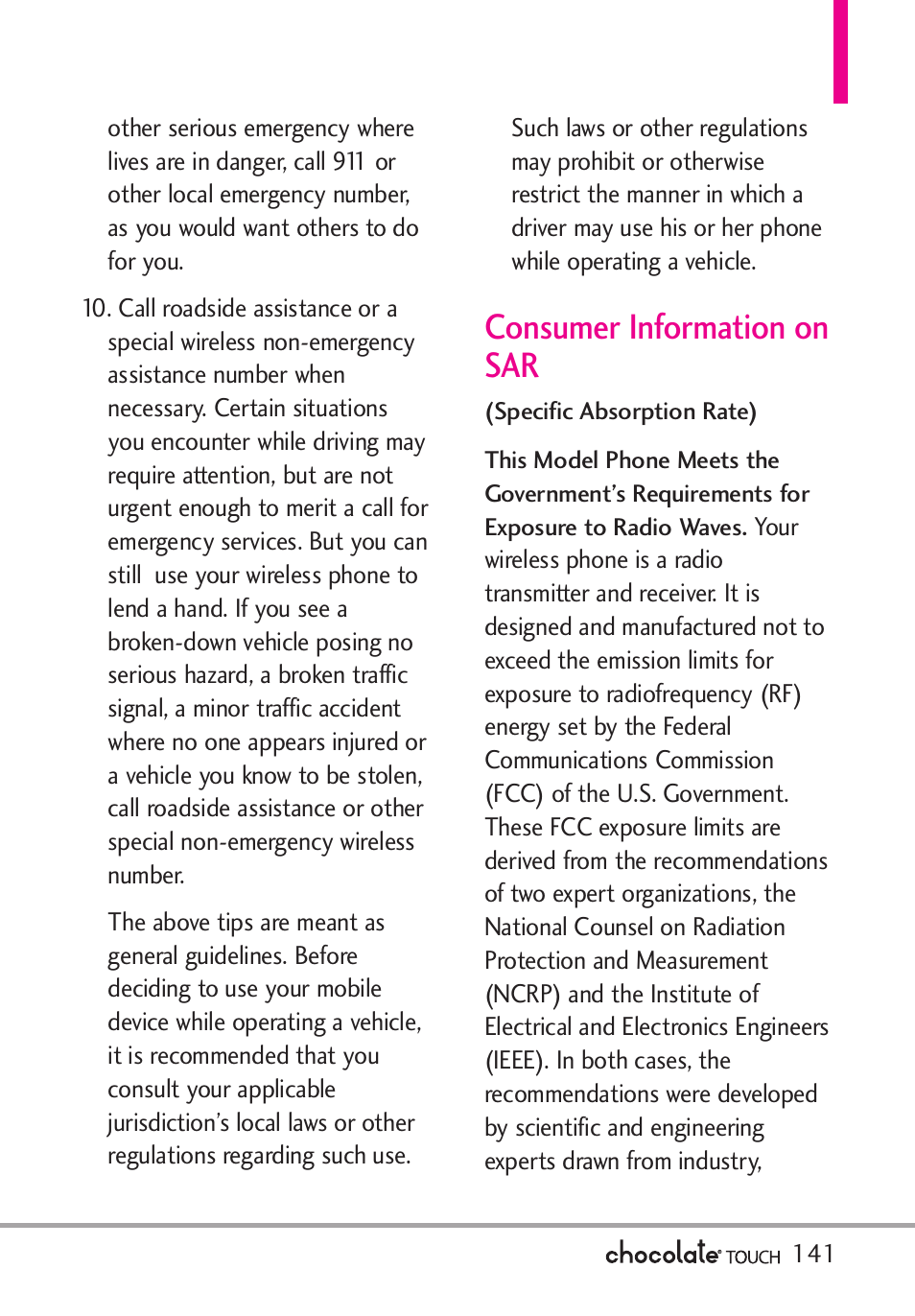 Consumer information on sar | LG LGVX8575 User Manual | Page 143 / 160