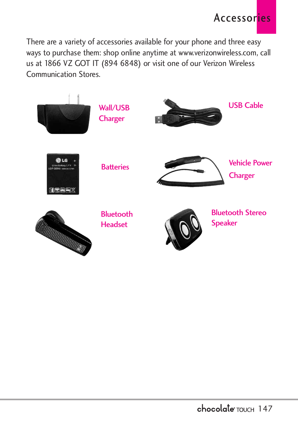 Accessories | LG LGVX8575 User Manual | Page 149 / 160