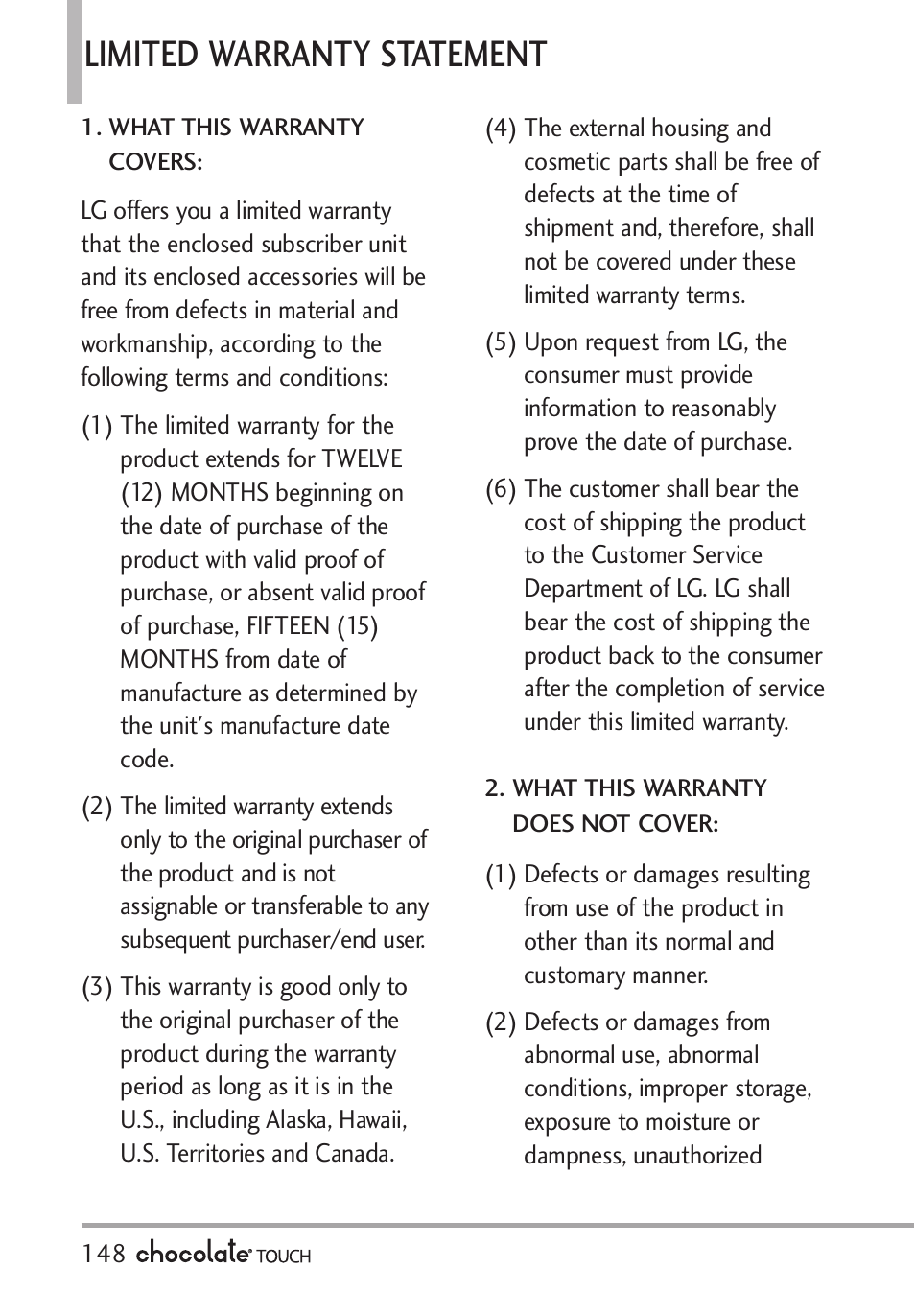 Limited warranty statement | LG LGVX8575 User Manual | Page 150 / 160