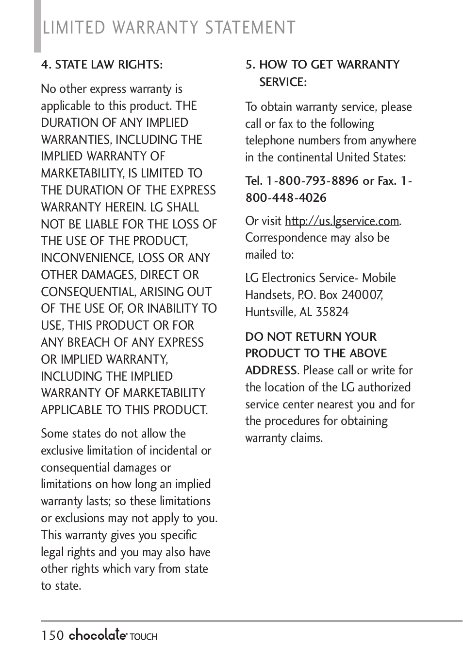 Limited warranty statement | LG LGVX8575 User Manual | Page 152 / 160