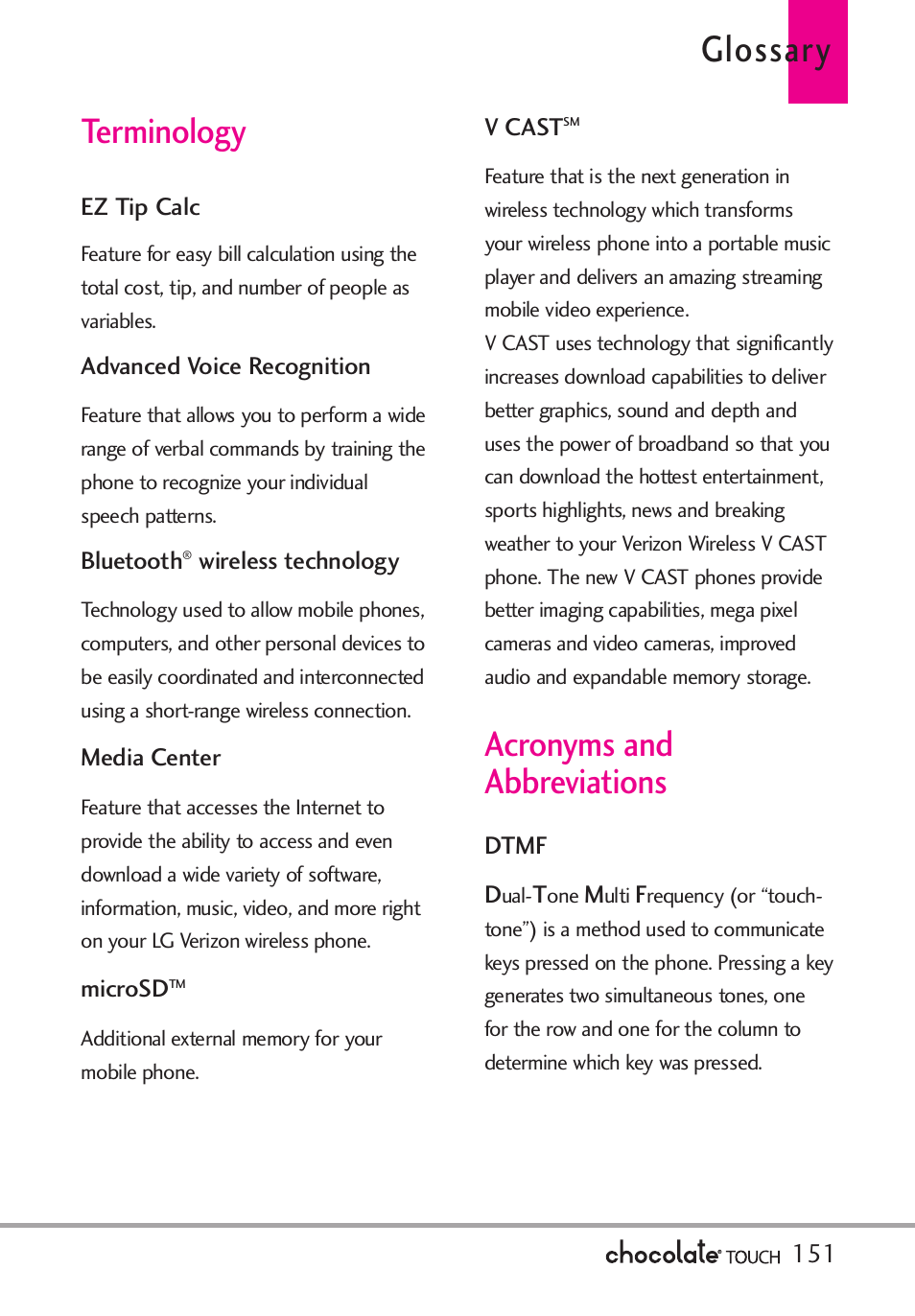 Index, Glossary, Terminology | Acronyms and abbreviations | LG LGVX8575 User Manual | Page 153 / 160