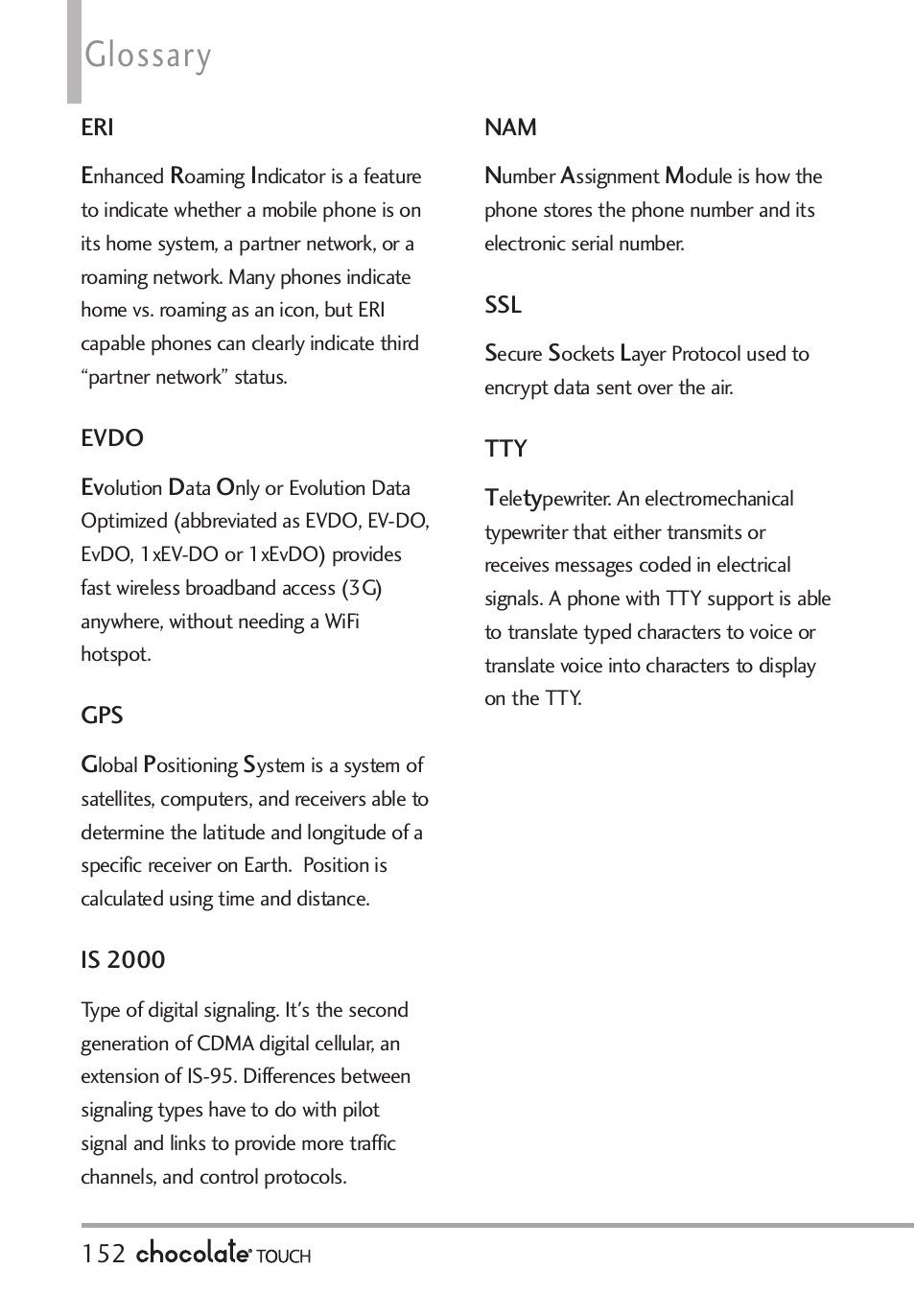 Glossary | LG LGVX8575 User Manual | Page 154 / 160