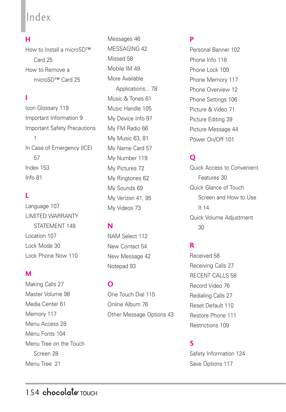 Index | LG LGVX8575 User Manual | Page 156 / 160