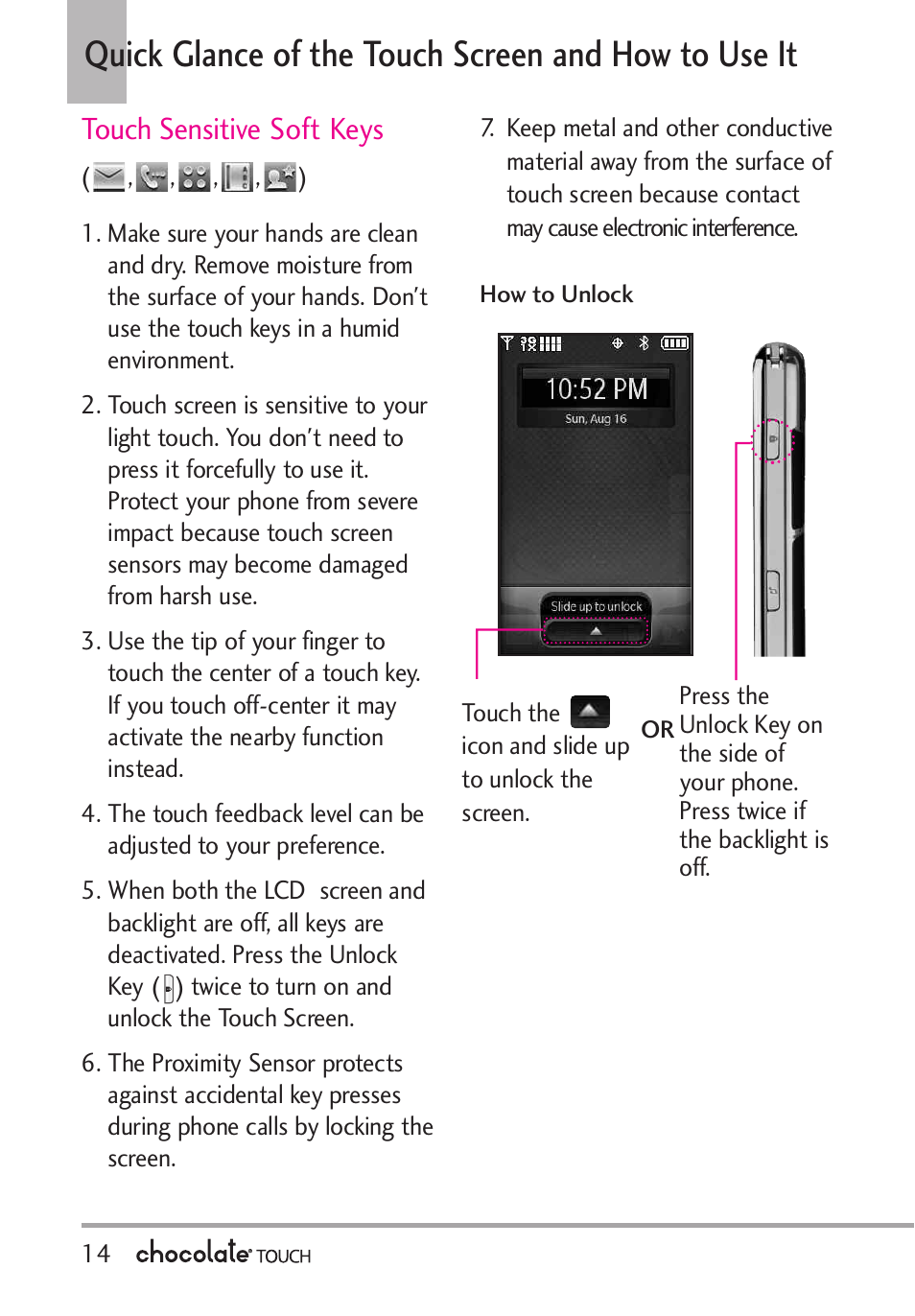 Touch sensitive soft keys, Quick glance of the touch screen and how to use it | LG LGVX8575 User Manual | Page 16 / 160