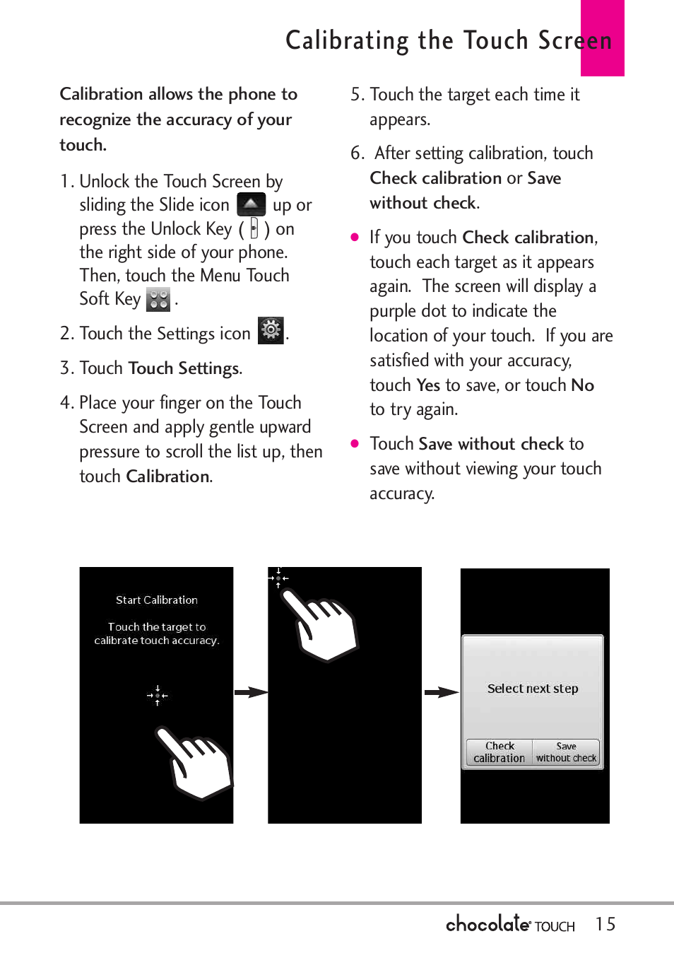 Calibrating the touch screen | LG LGVX8575 User Manual | Page 17 / 160