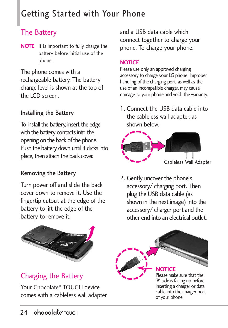 The battery, Installing the battery removing the battery, Charging the battery | Getting started with your phone | LG LGVX8575 User Manual | Page 26 / 160