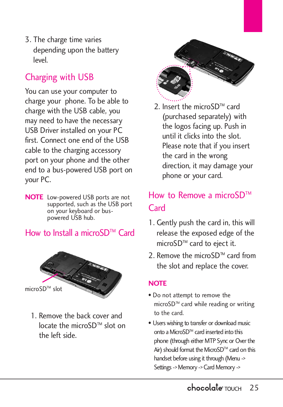 Charging with usb, How to install a microsd™ card, How to install a microsd | Card, How to remove a microsd, Remove the back cover and locate the microsd, Slot on the left side. 2. insert the microsd, Card to eject it. 2. remove the microsd, Card from the slot and replace the cover | LG LGVX8575 User Manual | Page 27 / 160