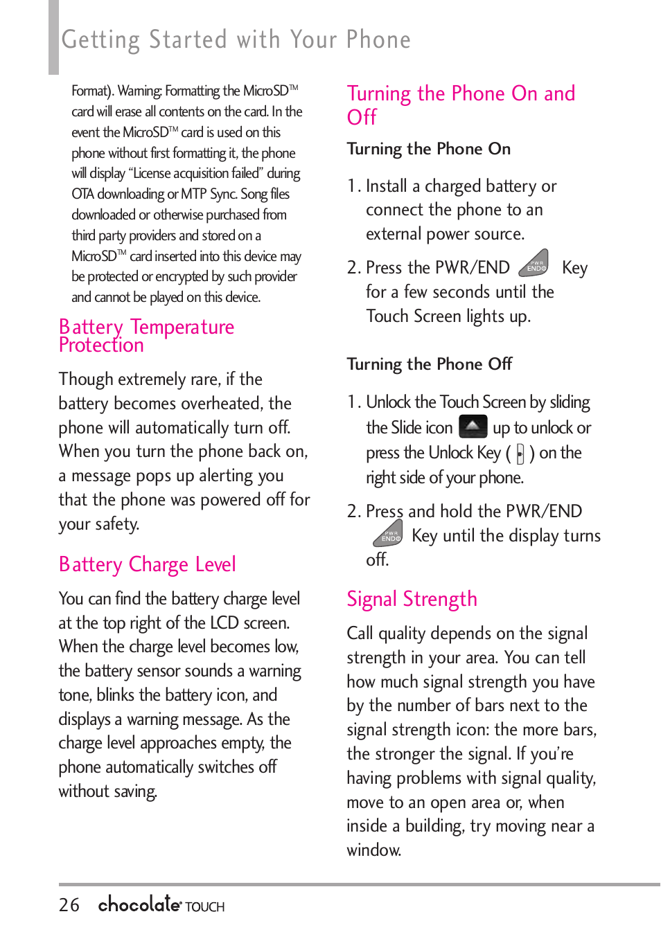 How to remove a microsd™ card, Battery temperature protection, Battery charge level | Getting started with your phone, Turning the phone on and off, Signal strength | LG LGVX8575 User Manual | Page 28 / 160