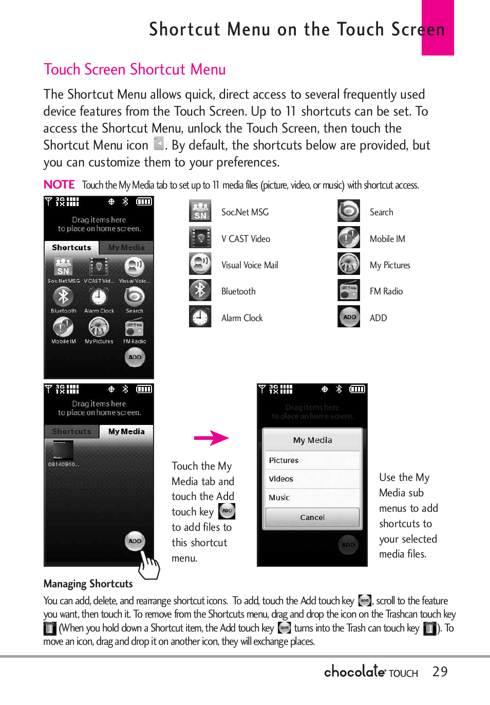 Receiving calls, Shortcut menu on the touch screen, Touch screen shortcut menu | LG LGVX8575 User Manual | Page 31 / 160