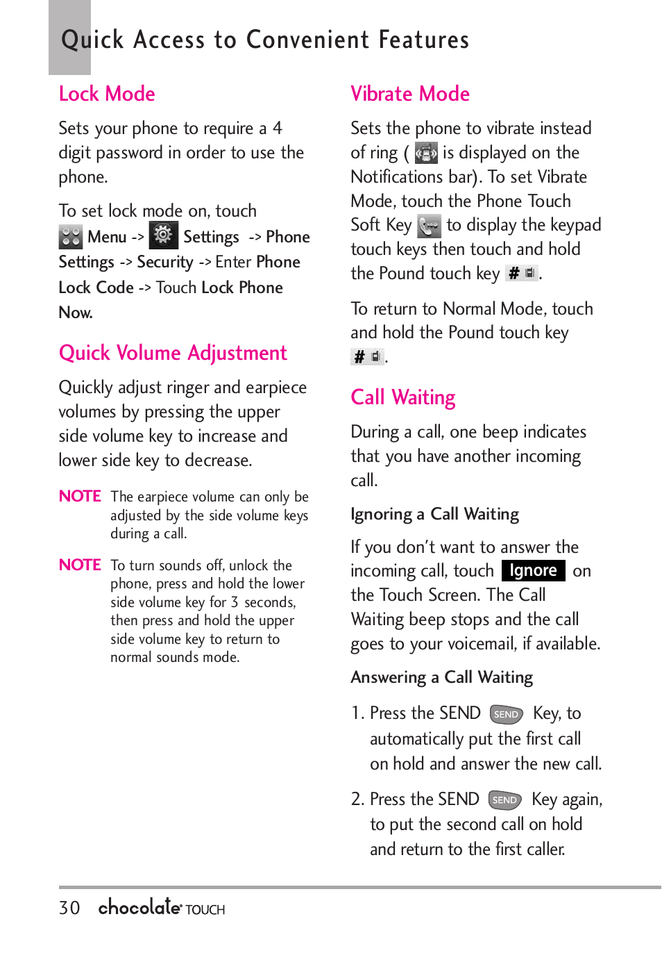 Menu access, Quick access to convenient features, Lock mode | Quick volume adjustment, Vibrate mode, Call waiting | LG LGVX8575 User Manual | Page 32 / 160