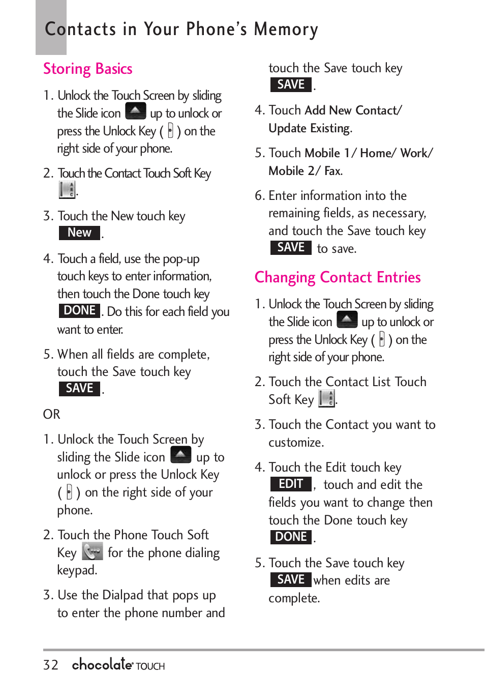 Lock mode, Vibrate mode, Call waiting | Storing basics, Changing contact entries | LG LGVX8575 User Manual | Page 34 / 160