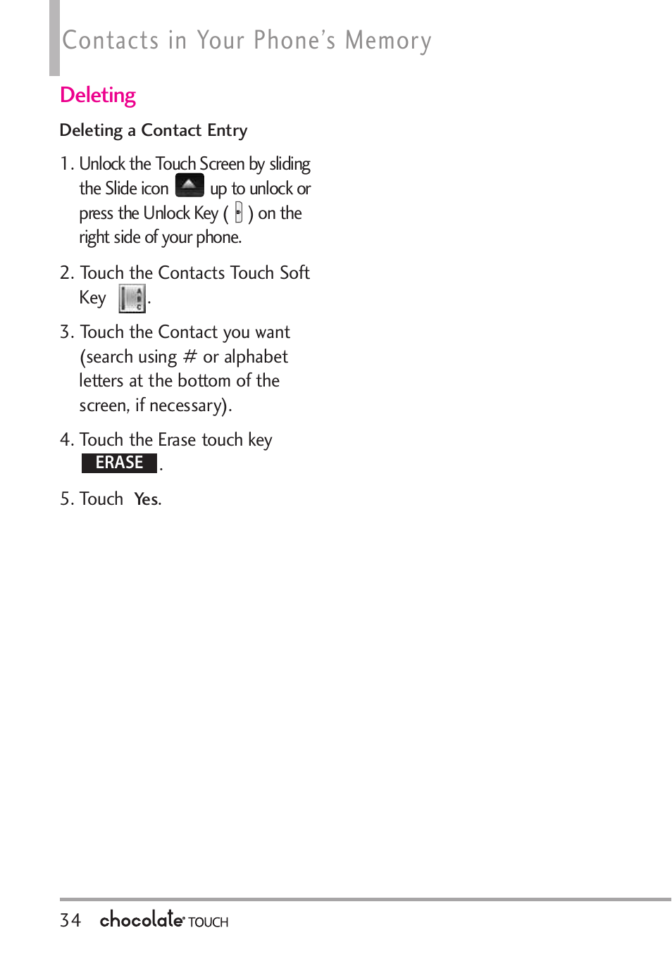 Storing basics, Changing contact entries, Deleting | LG LGVX8575 User Manual | Page 36 / 160