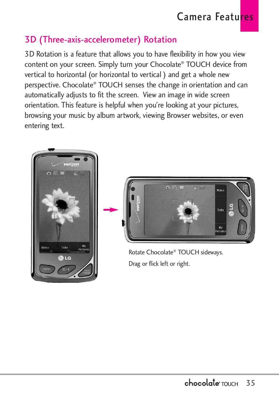 Speed dial, Storing a number with pauses, Messaging | New contact, Music, Camera features, 3d (three-axis-accelerometer) rotation | LG LGVX8575 User Manual | Page 37 / 160