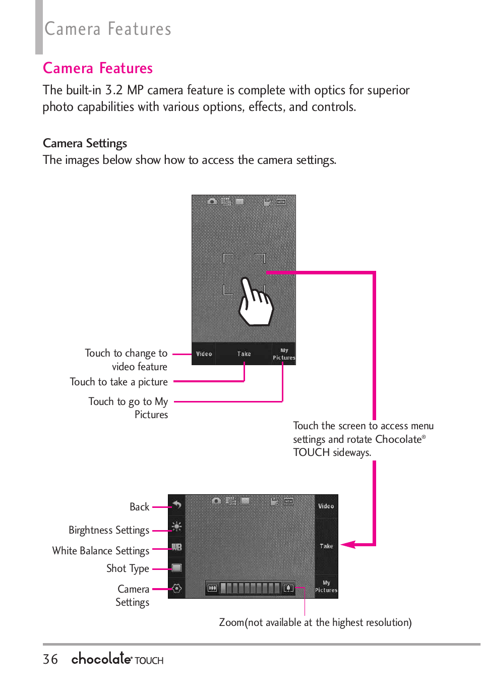 Deleting, Camera features | LG LGVX8575 User Manual | Page 38 / 160
