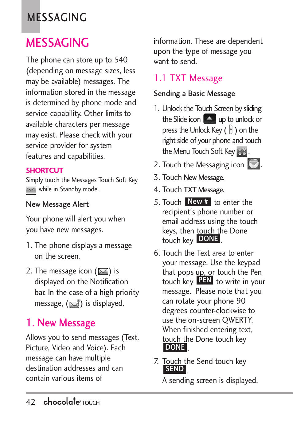 Messaging, New message, 1 txt message | LG LGVX8575 User Manual | Page 44 / 160