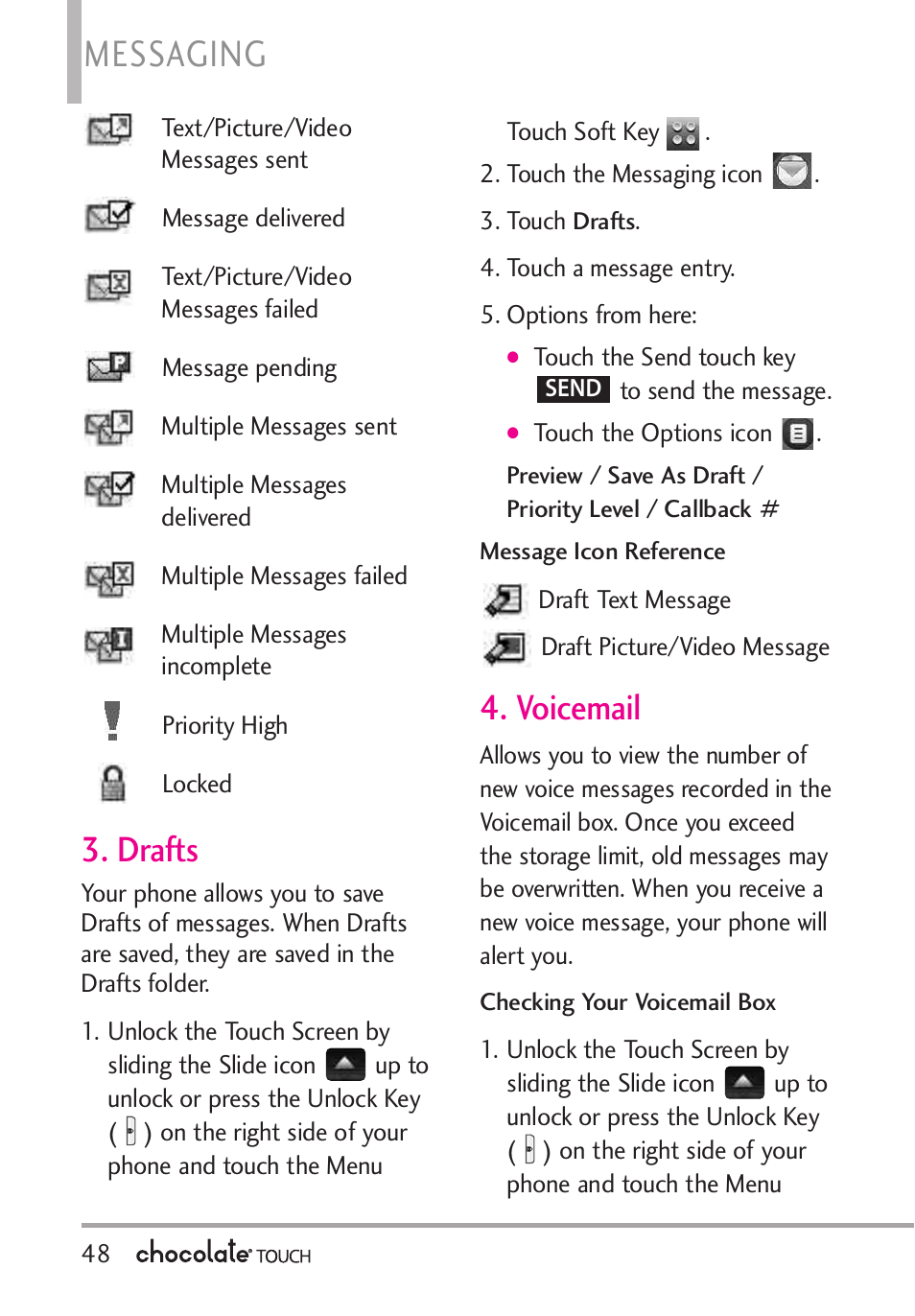 4 voice message, Messaging, Drafts | Voicemail | LG LGVX8575 User Manual | Page 50 / 160