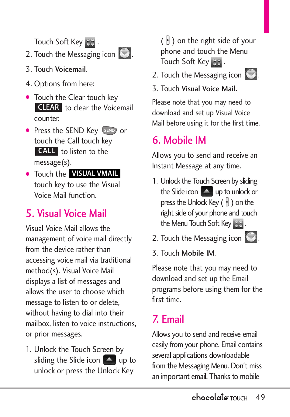 Visual voice mail, Mobile im, Email | LG LGVX8575 User Manual | Page 51 / 160