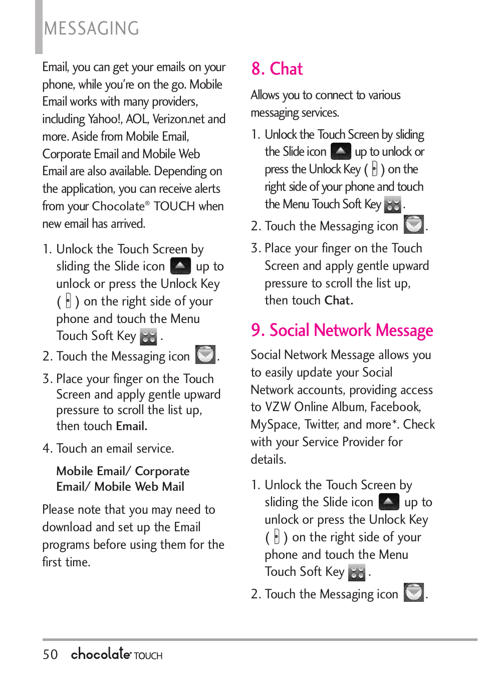 Messaging, Chat, Social network message | LG LGVX8575 User Manual | Page 52 / 160