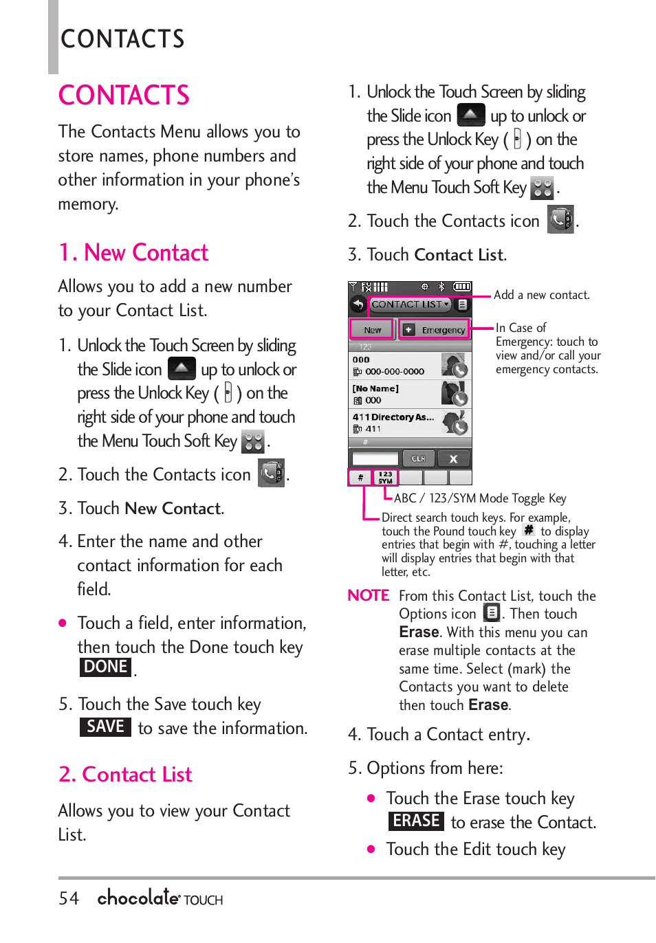 Contacts, New contact, Contact list | LG LGVX8575 User Manual | Page 56 / 160