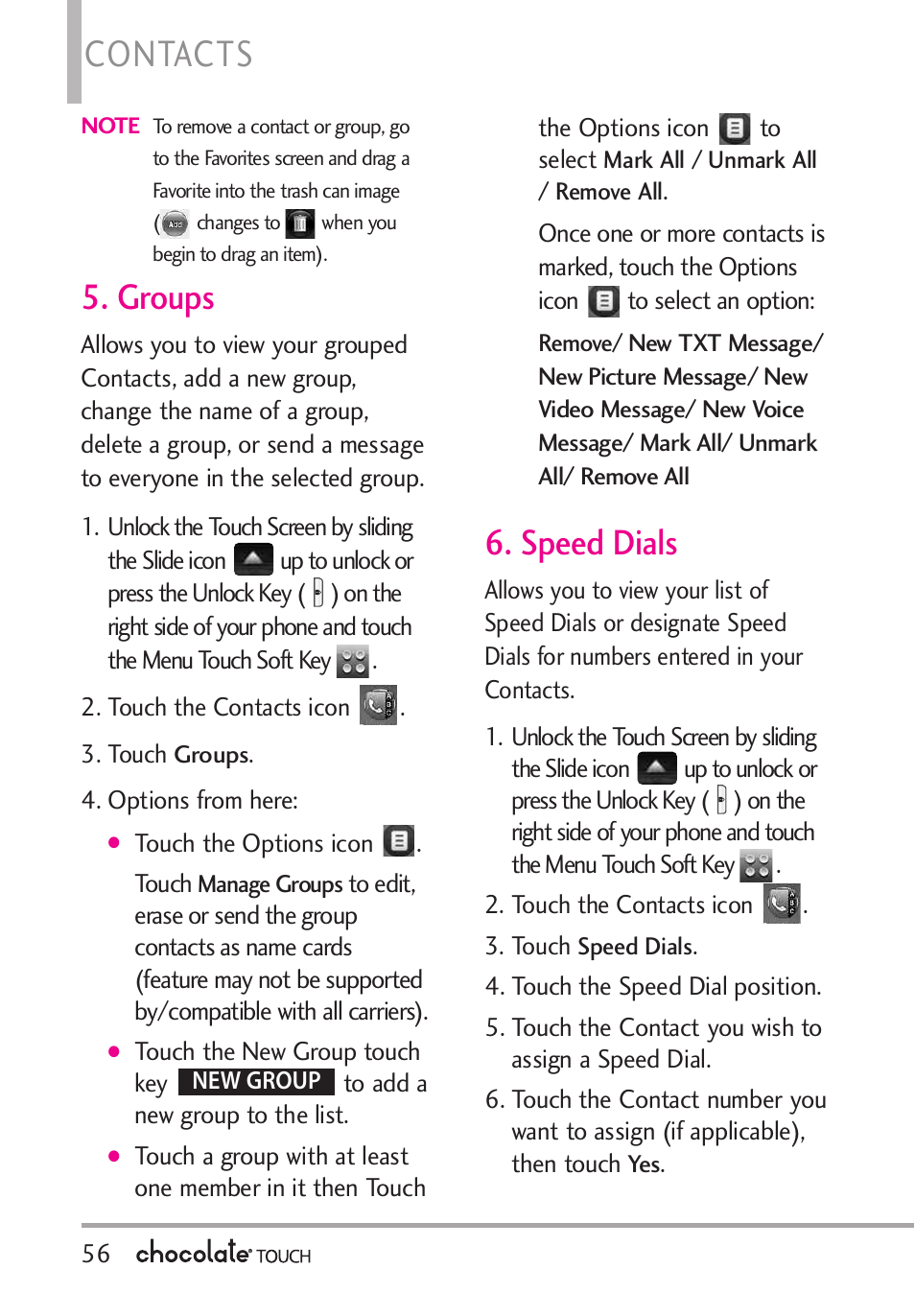 Contacts, Groups, Speed dials | LG LGVX8575 User Manual | Page 58 / 160