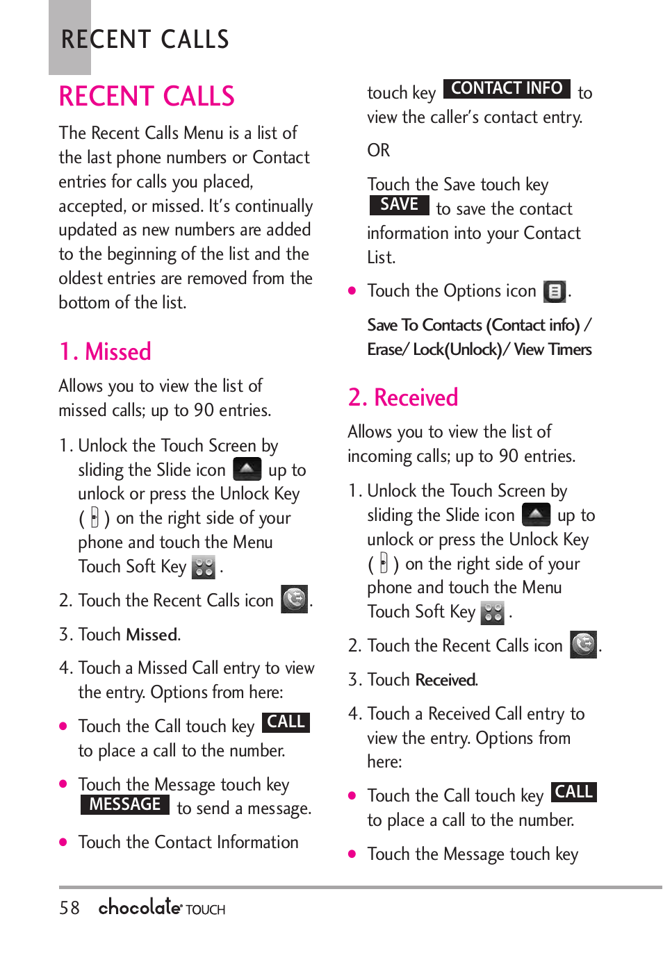 Recent calls, Missed, Received | LG LGVX8575 User Manual | Page 60 / 160