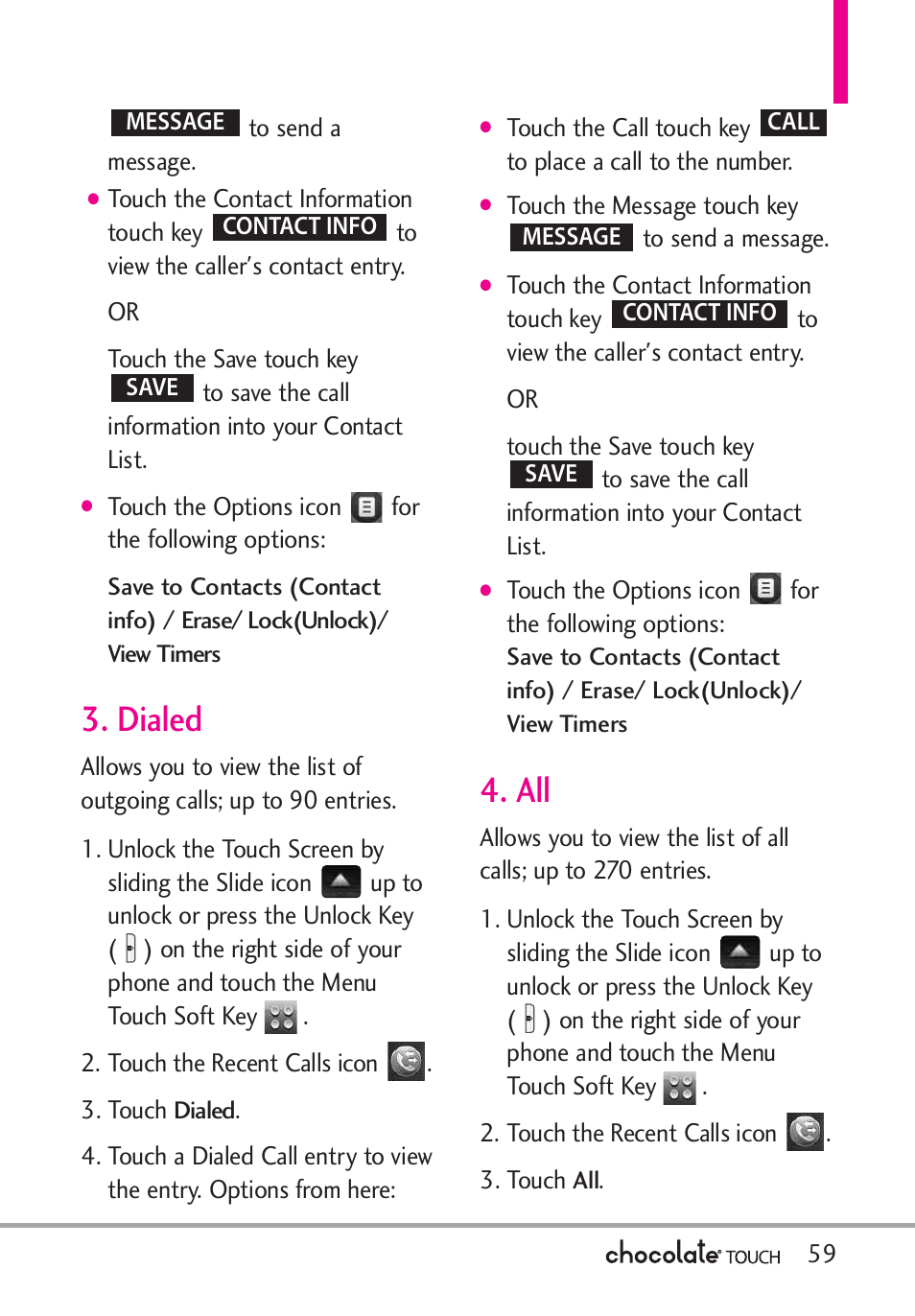 Recent calls, Dialed | LG LGVX8575 User Manual | Page 61 / 160