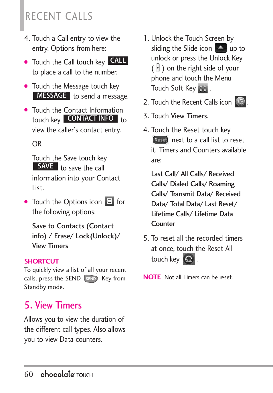 Recent calls, View timers | LG LGVX8575 User Manual | Page 62 / 160