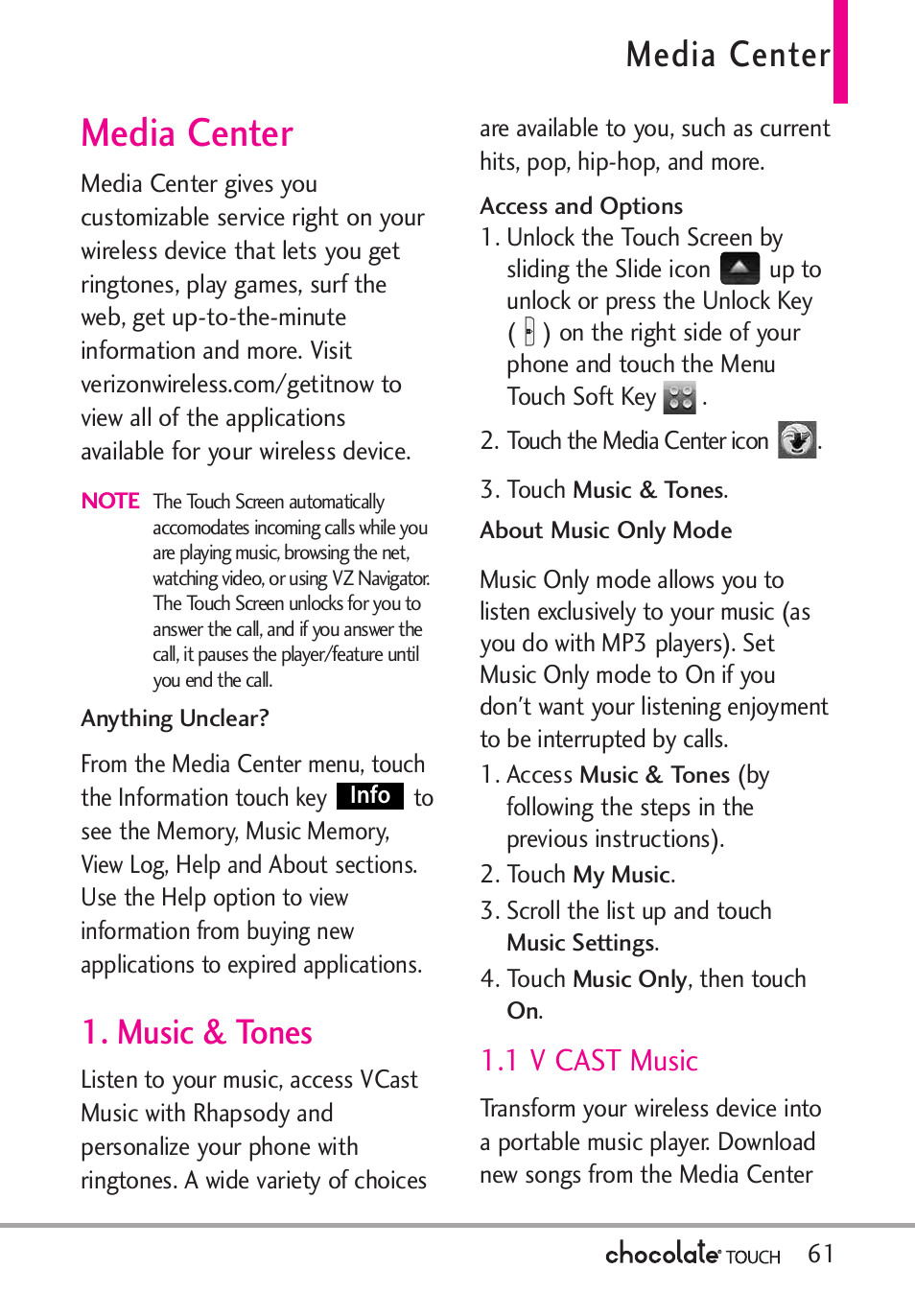 Media center, Music & tones, 1 v cast music | LG LGVX8575 User Manual | Page 63 / 160