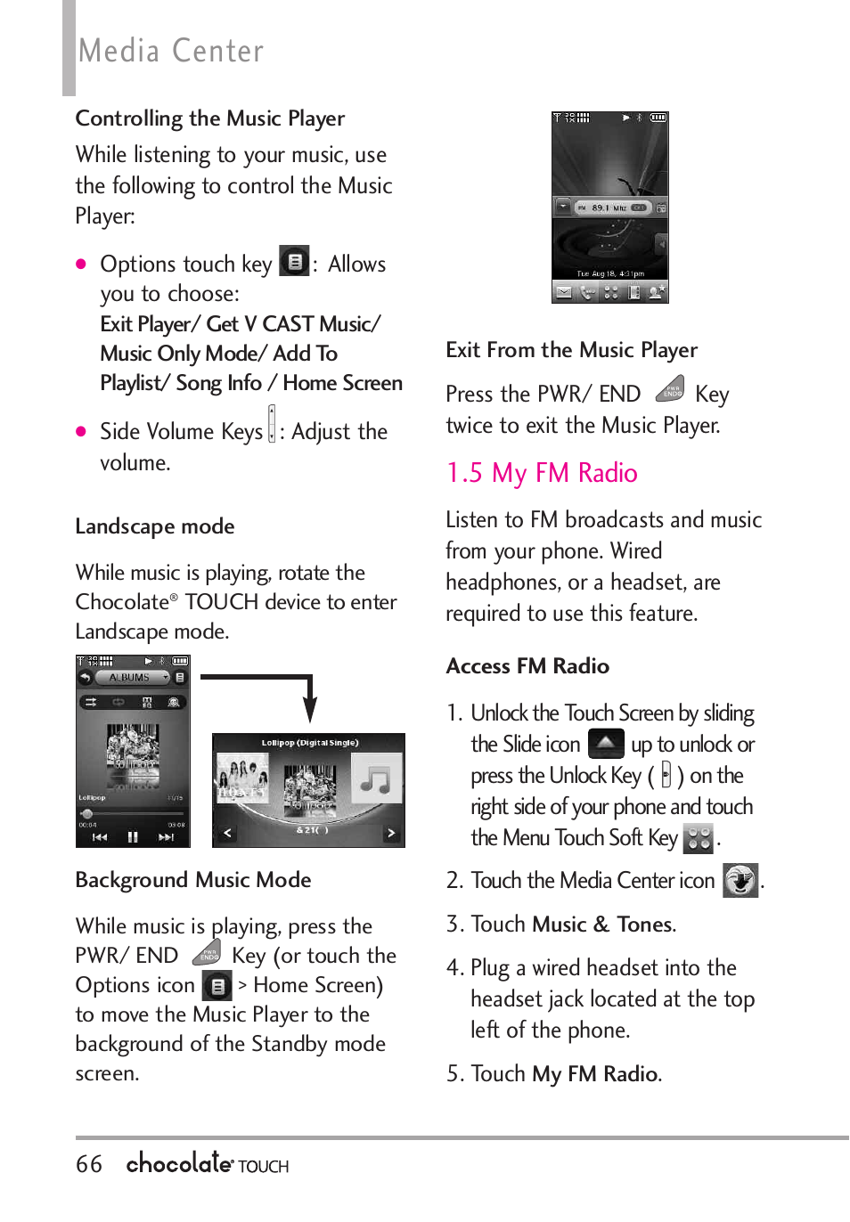 Media center, 5 my fm radio | LG LGVX8575 User Manual | Page 68 / 160