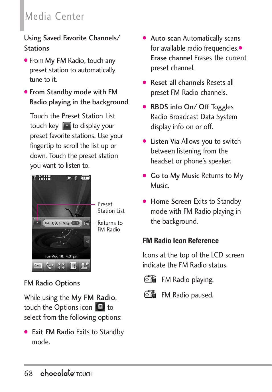 Exit from the music player, Media center | LG LGVX8575 User Manual | Page 70 / 160