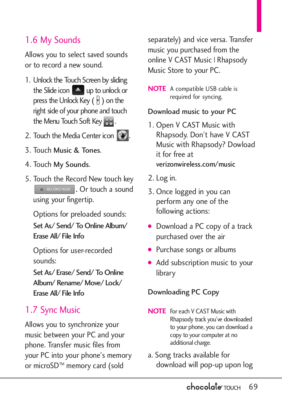 5 my fm radio, 6 my sounds, 7 sync music | LG LGVX8575 User Manual | Page 71 / 160