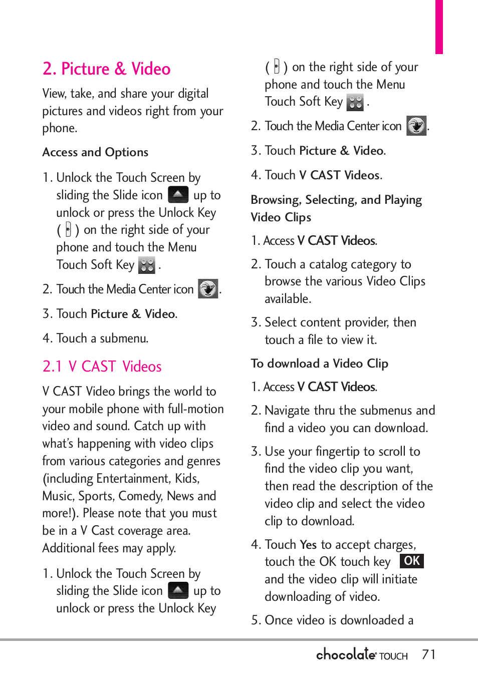 6 my sounds, Picture & video, 1 v cast videos | LG LGVX8575 User Manual | Page 73 / 160