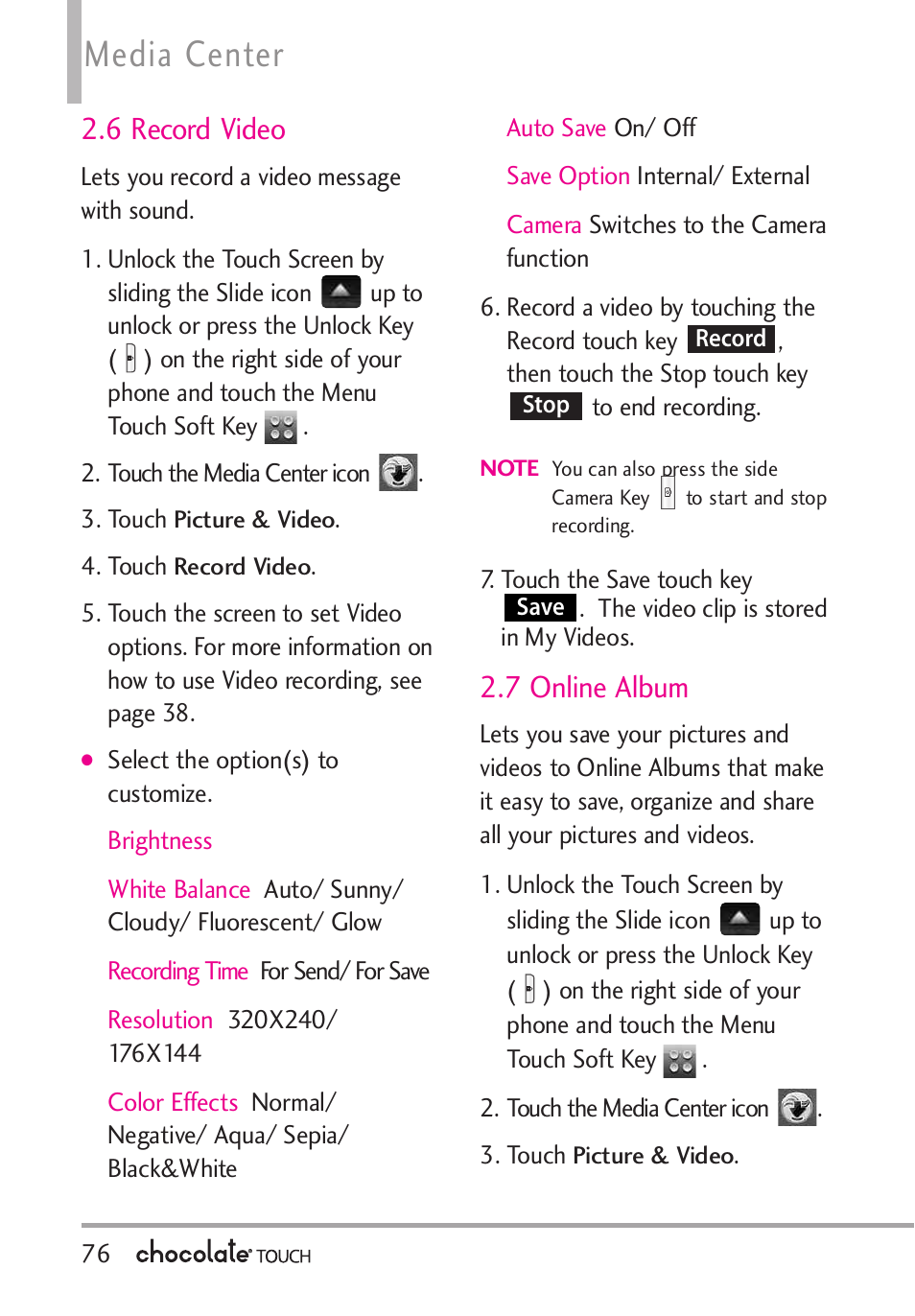 4 my videos, Media center, 6 record video | 7 online album | LG LGVX8575 User Manual | Page 78 / 160