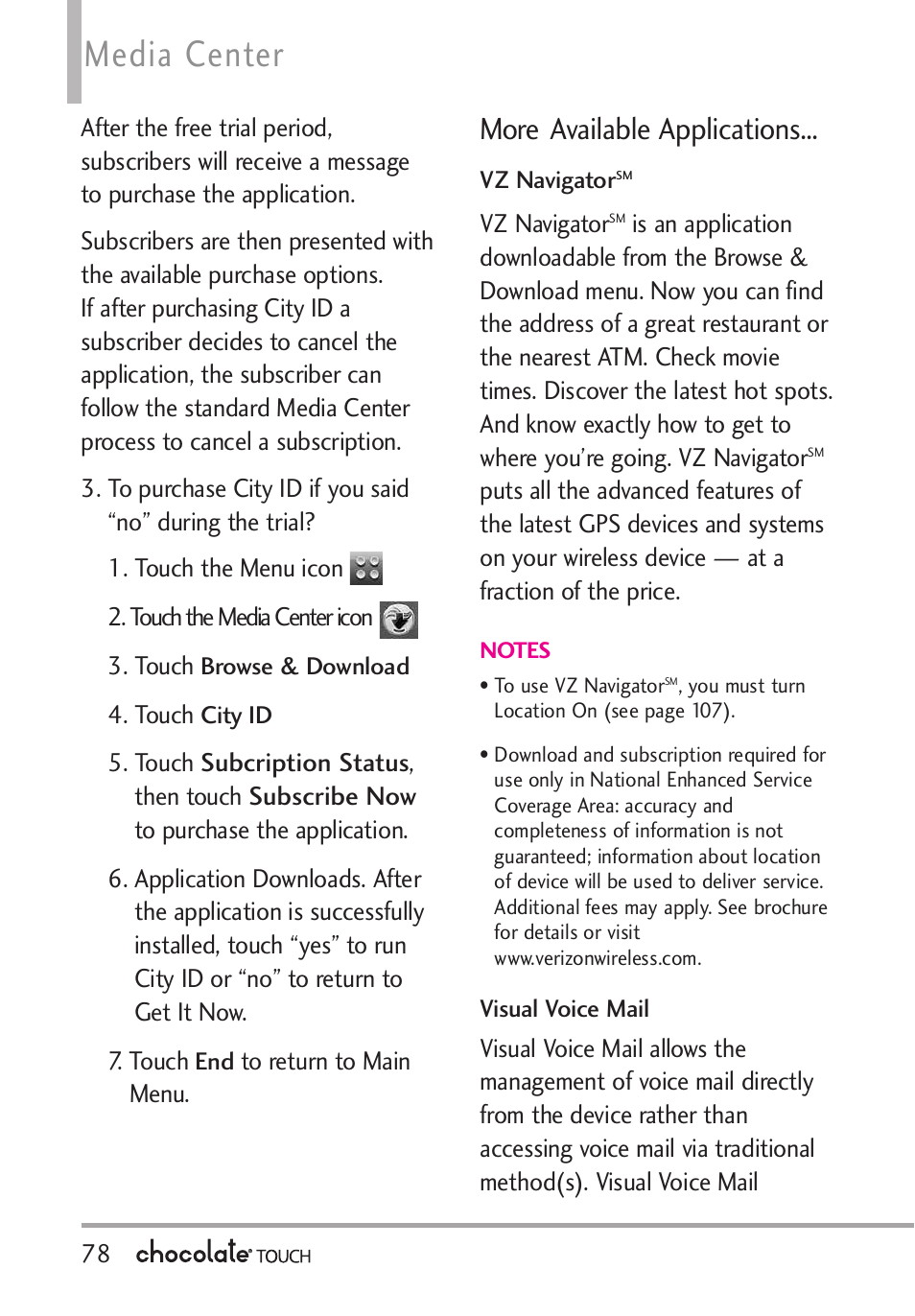 6 record video, Media center, More available applications | LG LGVX8575 User Manual | Page 80 / 160