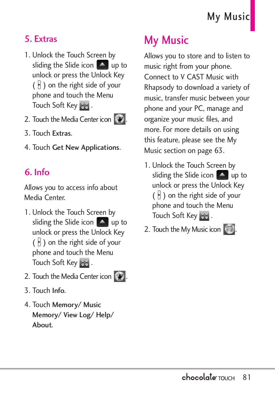 My music, Extras, Info | LG LGVX8575 User Manual | Page 83 / 160